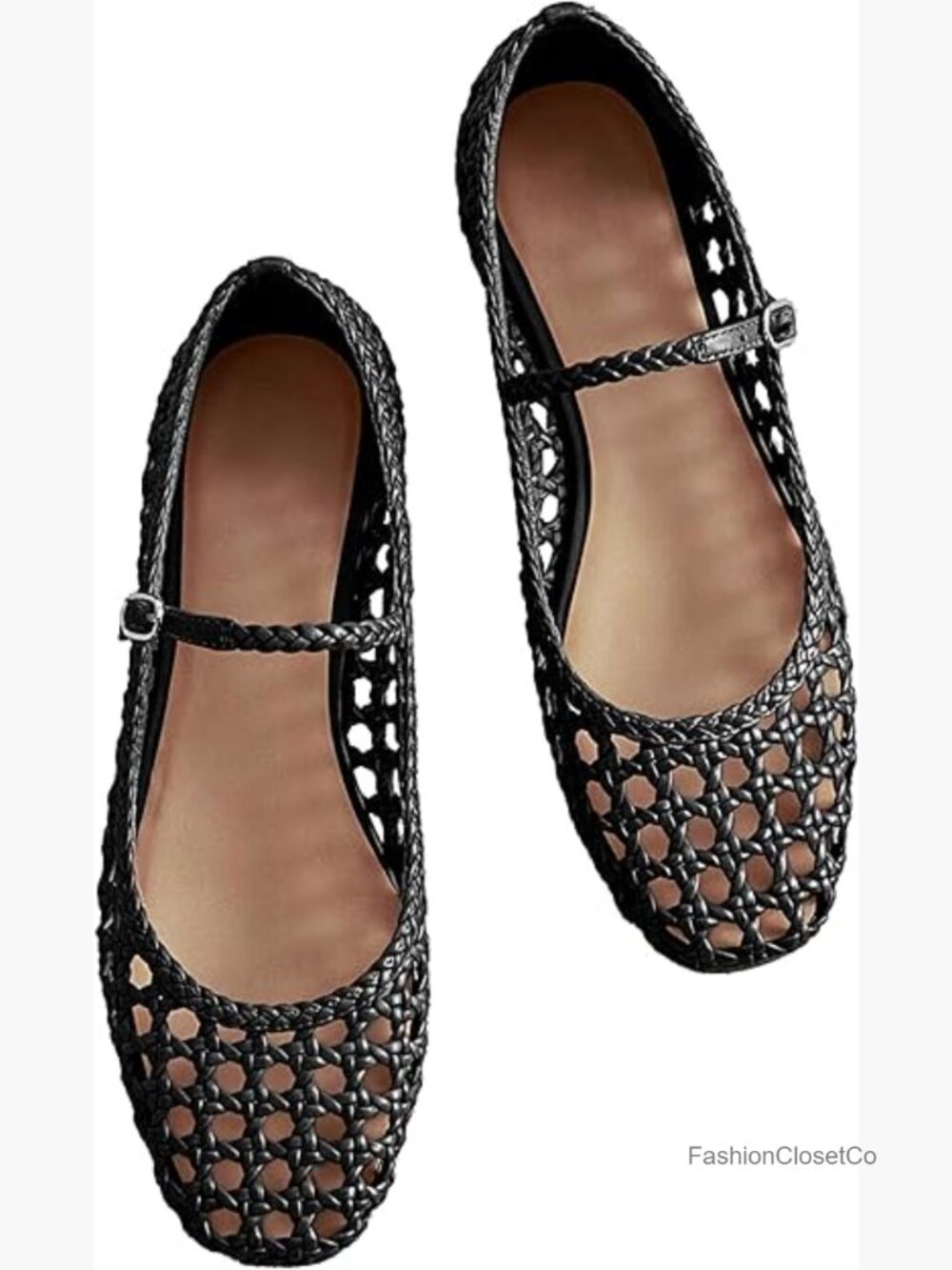 Woven Mesh Square Toe Mary Jane Flat Shoes with Buckle Strap